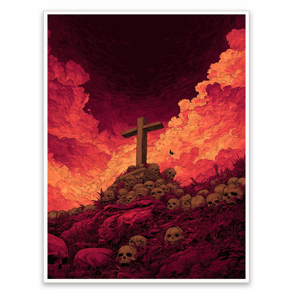 Apocalyptic Cross and Skulls Wall Art, Dark Gothic Graveyard Canvas Print, Red Cloud Horror Poster for Living Room Decor 16x20in Unframed