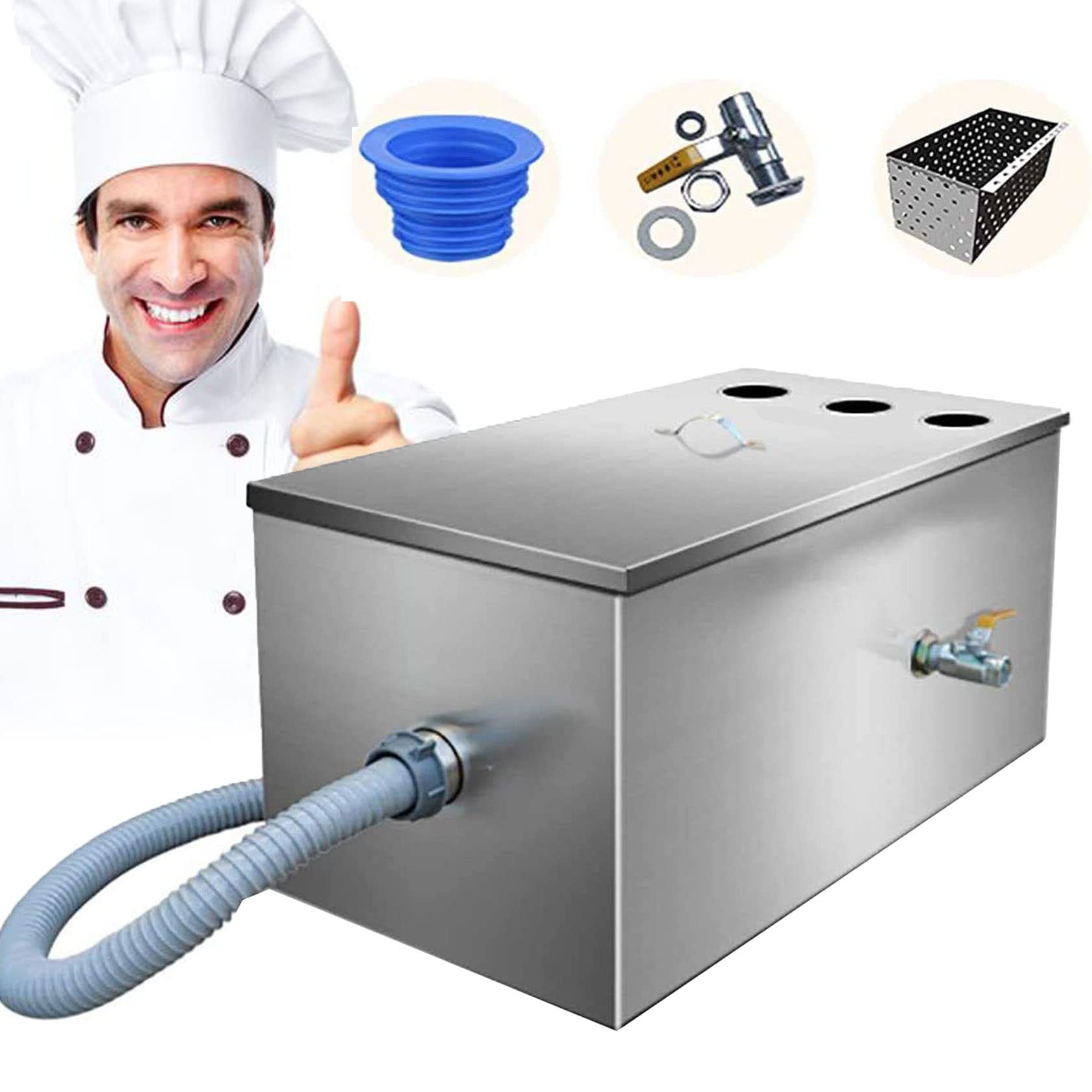 Interceptor De Trampa De Grasa De Acero Inoxidable, Interceptor De Grasa Comercial De Entrada Superior, Separador De Aceite De Agua con Cesta De Filtro Extraíble,3waterintake