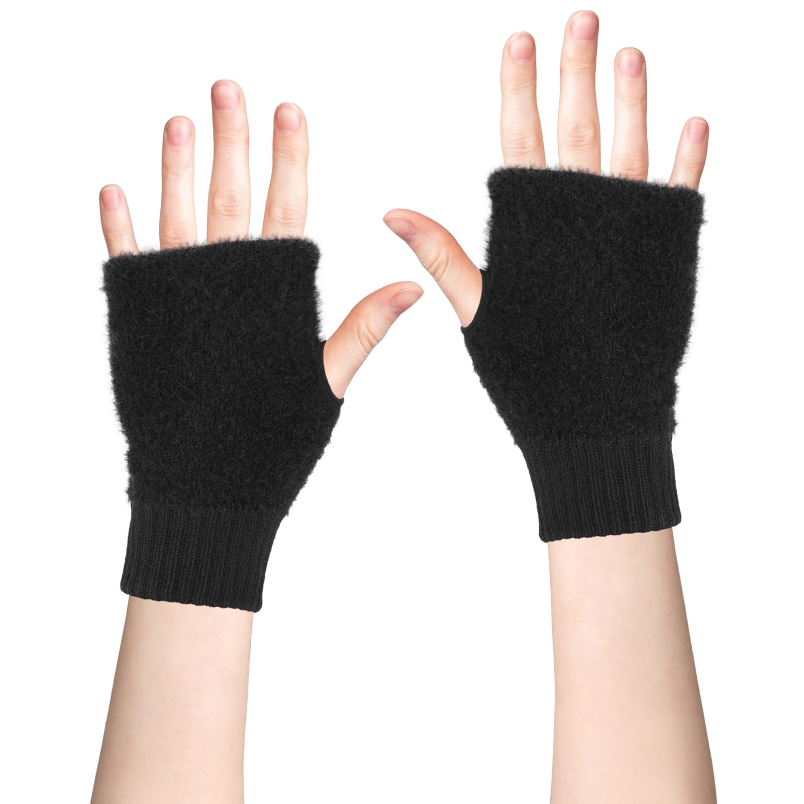Fachoi Unisex Black Fingerless Gloves For Women, Winter Thermal Knitted Mittens Thicken Plush Warm Half Finger Gloves Wrist Warmers With Thumb Hole For Work Outdoor Gifts F4-Mrbzst(Black)