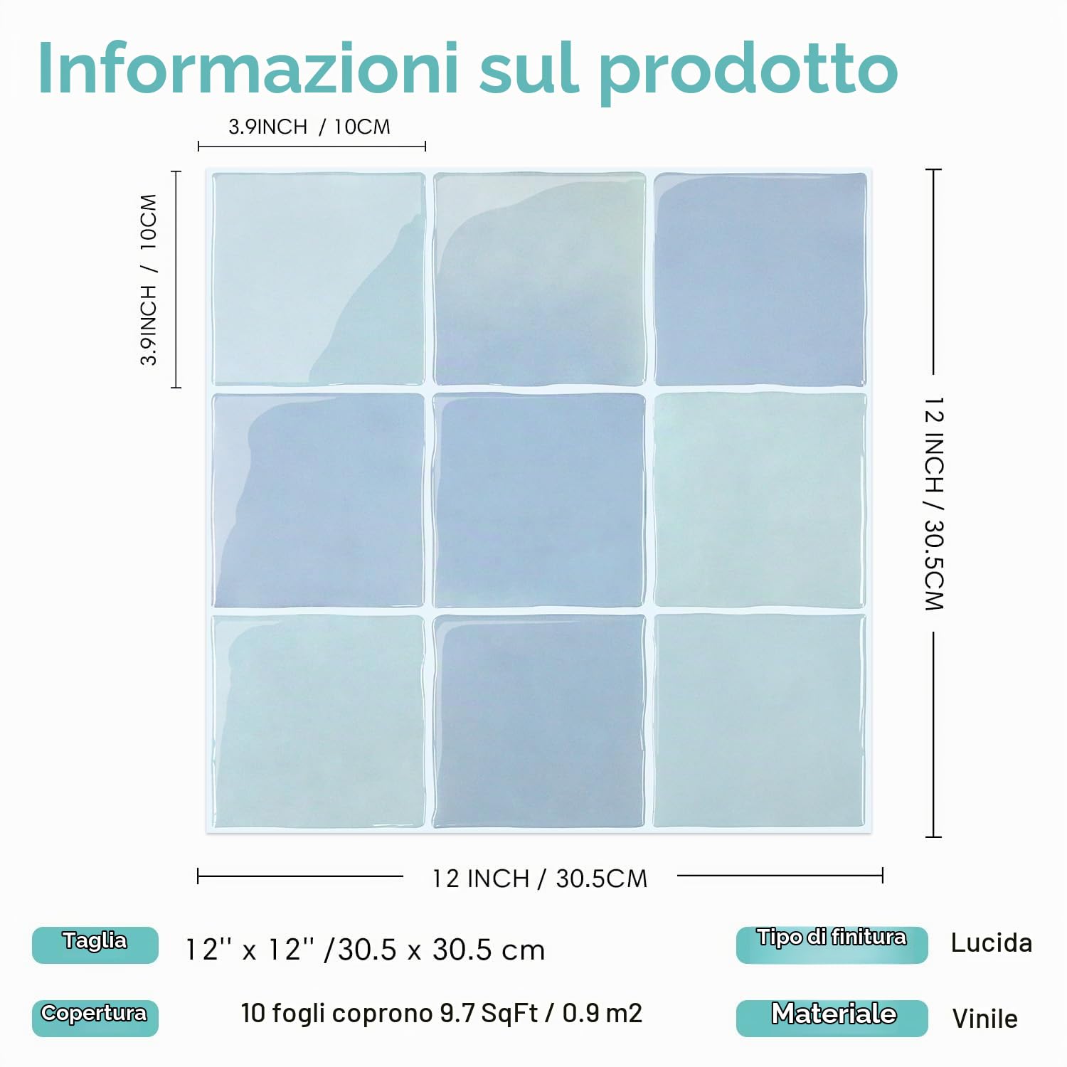 Commomy Più Spessi Piastrelle Adesive Cucina Azzurro Chiaro, 10 pezzi | Paraschizzi Cucina Mattonelle Adesive Bagno, Vinile Pannelli Decorative 3D per Parete,30,5 x 30,5 cm