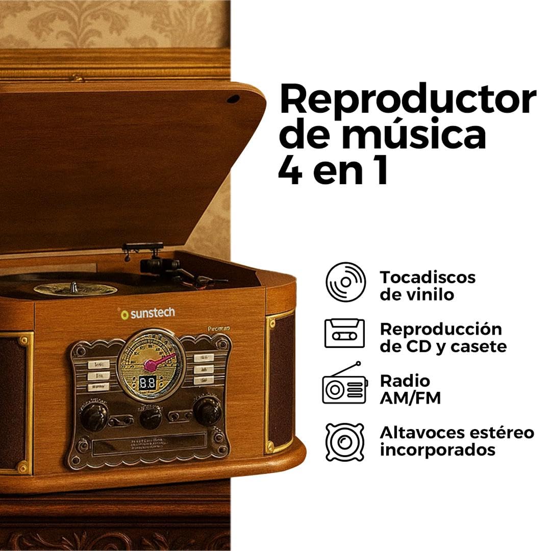 Sunstech Tocadiscos de vinilo de madera con conexión inalámbrica y altavoces estéreo 2.5 W | Giradiscos 3 velocidades 33/45/78 RPM | Reproductor CD, MP3, casete, radio AM/FM, USB y SD | Grabación MP3