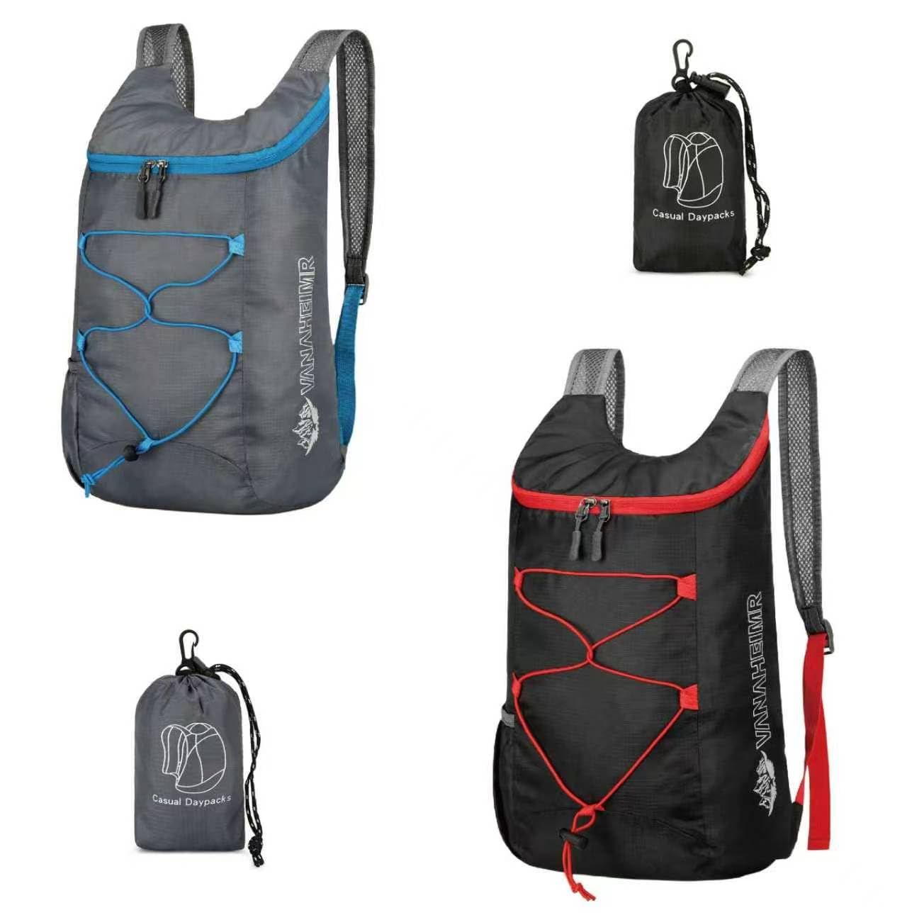 Feibmir 2 Pack Black Gray 12L Lightweight Foldable Backpack, Small Rucksack for Men and Women Travel Cycling, Hiking Back Pack