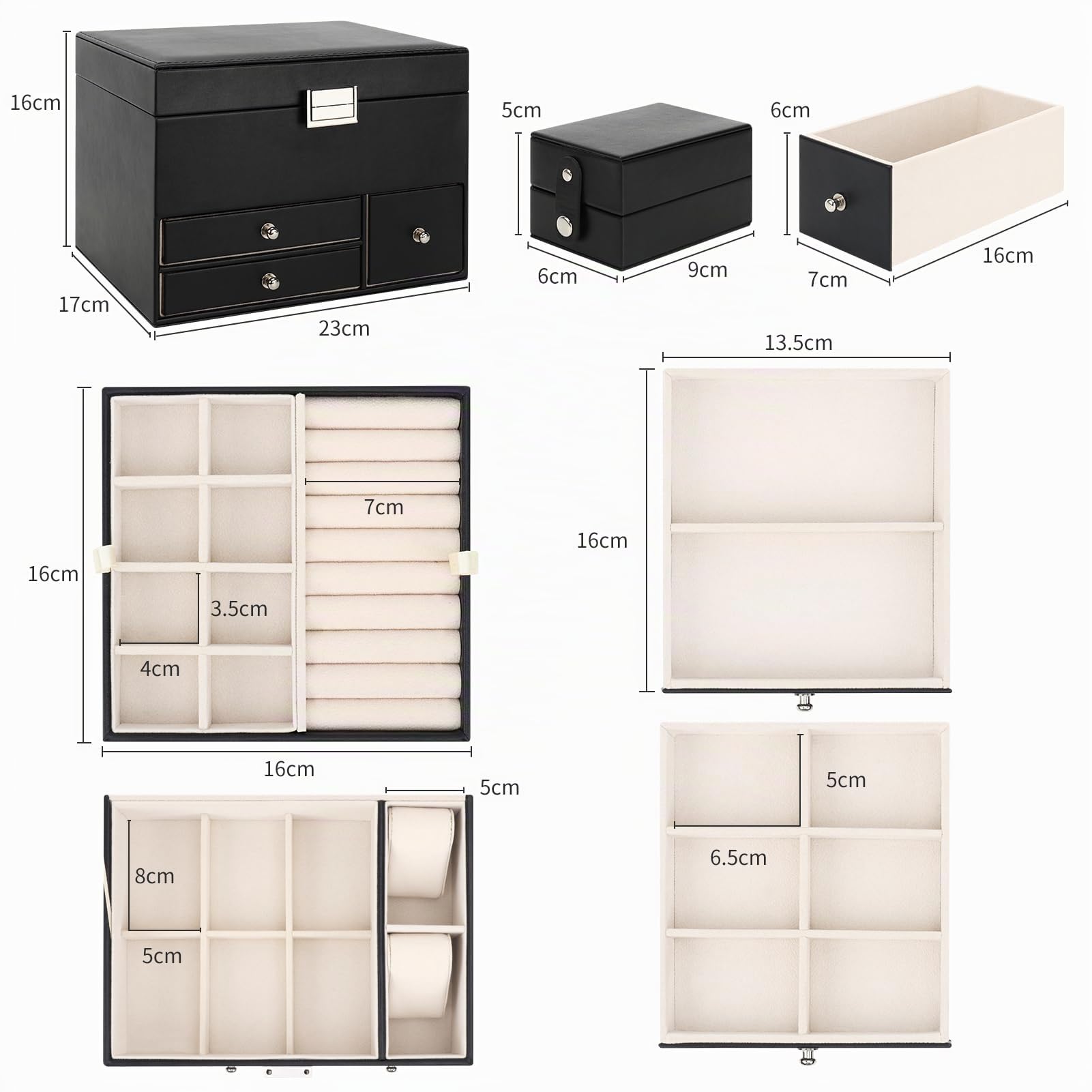 Caja Joyero de 3 Capas de PU, Joyeros Mujer Organizador Grande con Cajones, con Mini Caja Portátil para Viajar, Caja Organizador de Joyas para collares, pendientes, anillos, Negro
