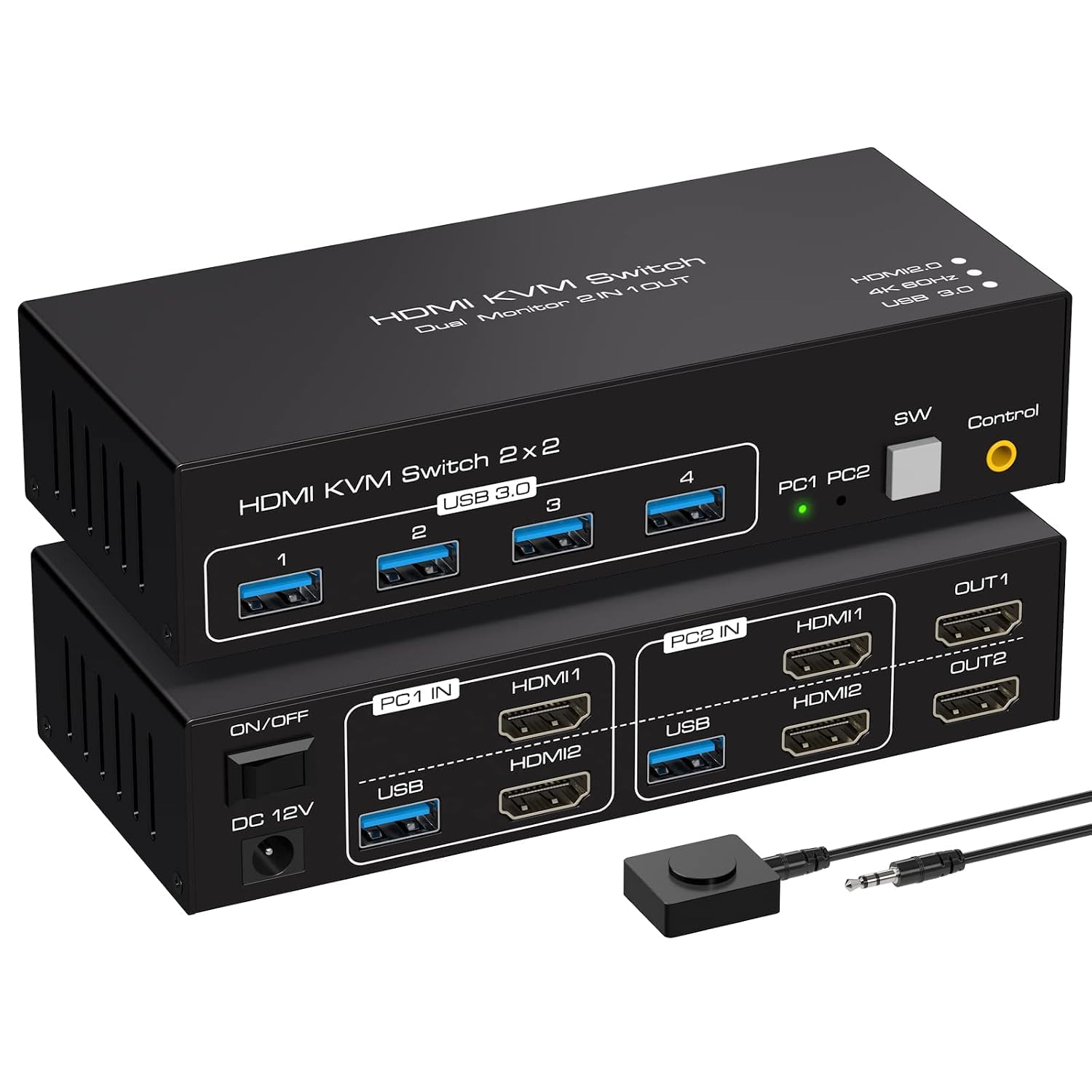 VPFET HDMI KVM Switch 2 PC 2 Monitore 4K60Hz KVM Switches Dual Monitore mit 4 USB Ports Unterstützung Kopieren und Erweiterte Anzeige und Desktop Steuerung Inklusive 2 USB3.0 Kabel