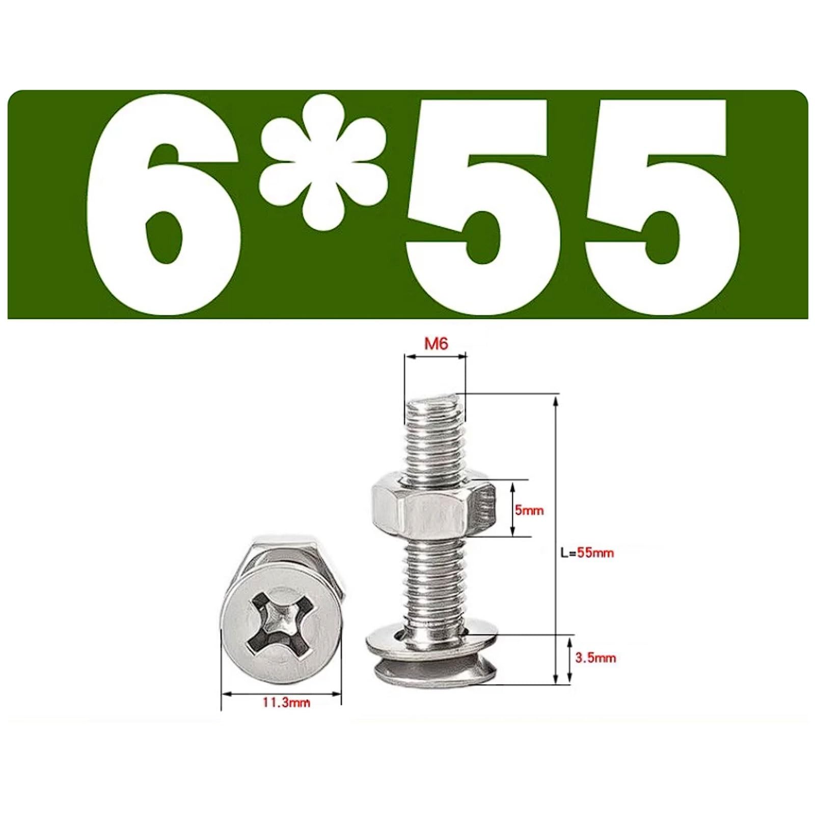 Kit di viti e dadi a testa svasata a croce M6 in acciaio inossidabile 304 con rondelle, 50 set, viti a testa piatta Viti di fissaggio(M6*55 (50 sets))