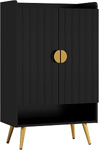 HOMCOM Narrow Shoe Cabinet for Entryway, Shoe Storage Cabinet with 2 Doors, Adjustable Shelves, Open Compartment and Steel Legs for Hallway, Living Room, Holds 15 Pairs, Black