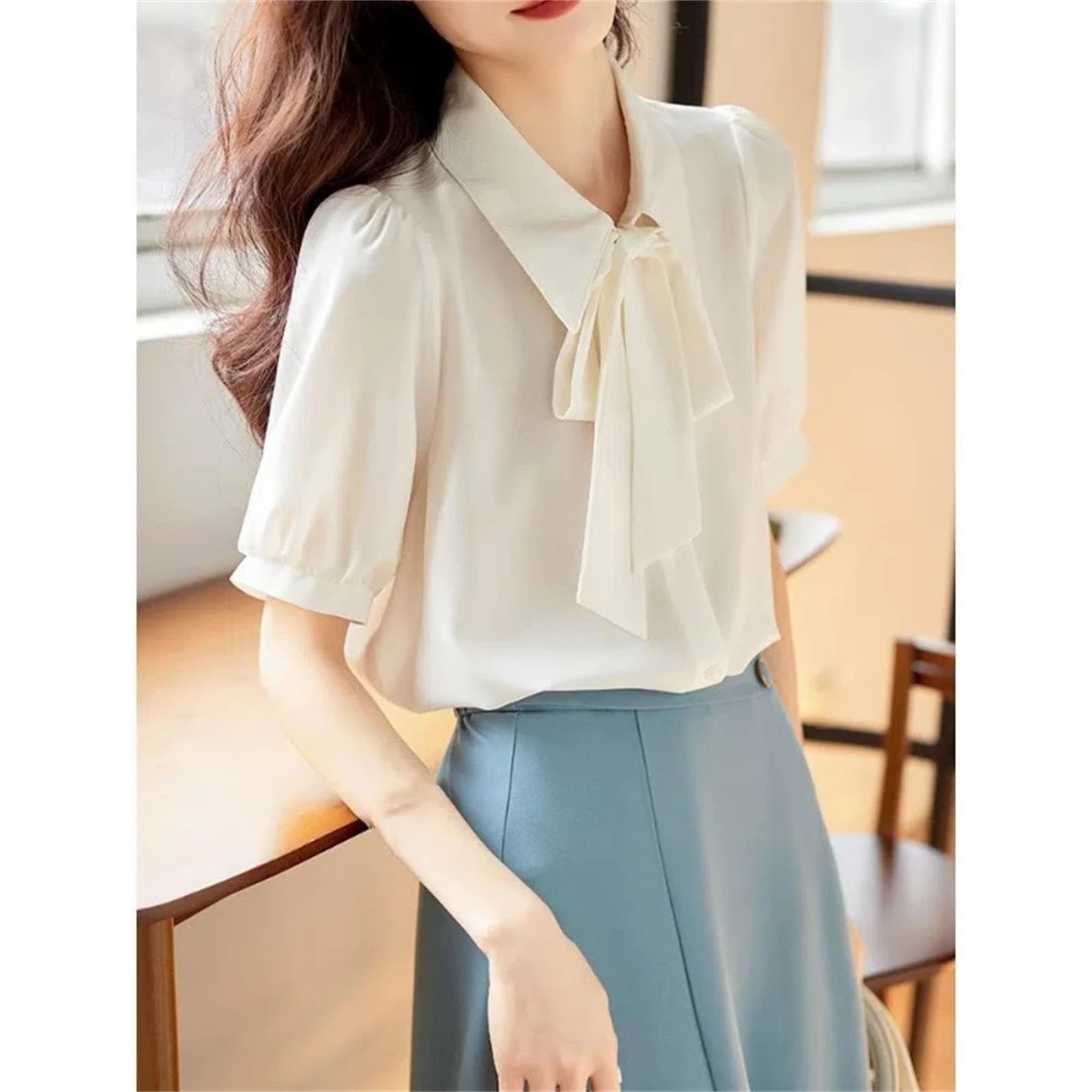 Camicetta patchwork con fiocco in chiffon bianco manica corta sciolto solido camicia da ufficio top abbigliamento casual da donna