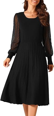 Seta T Womens Sweater Dresses Mesh Puff Long Sleeve Round Neck Ribbed Knit Midi Pleated Casual Dress Fall Winter Outfits