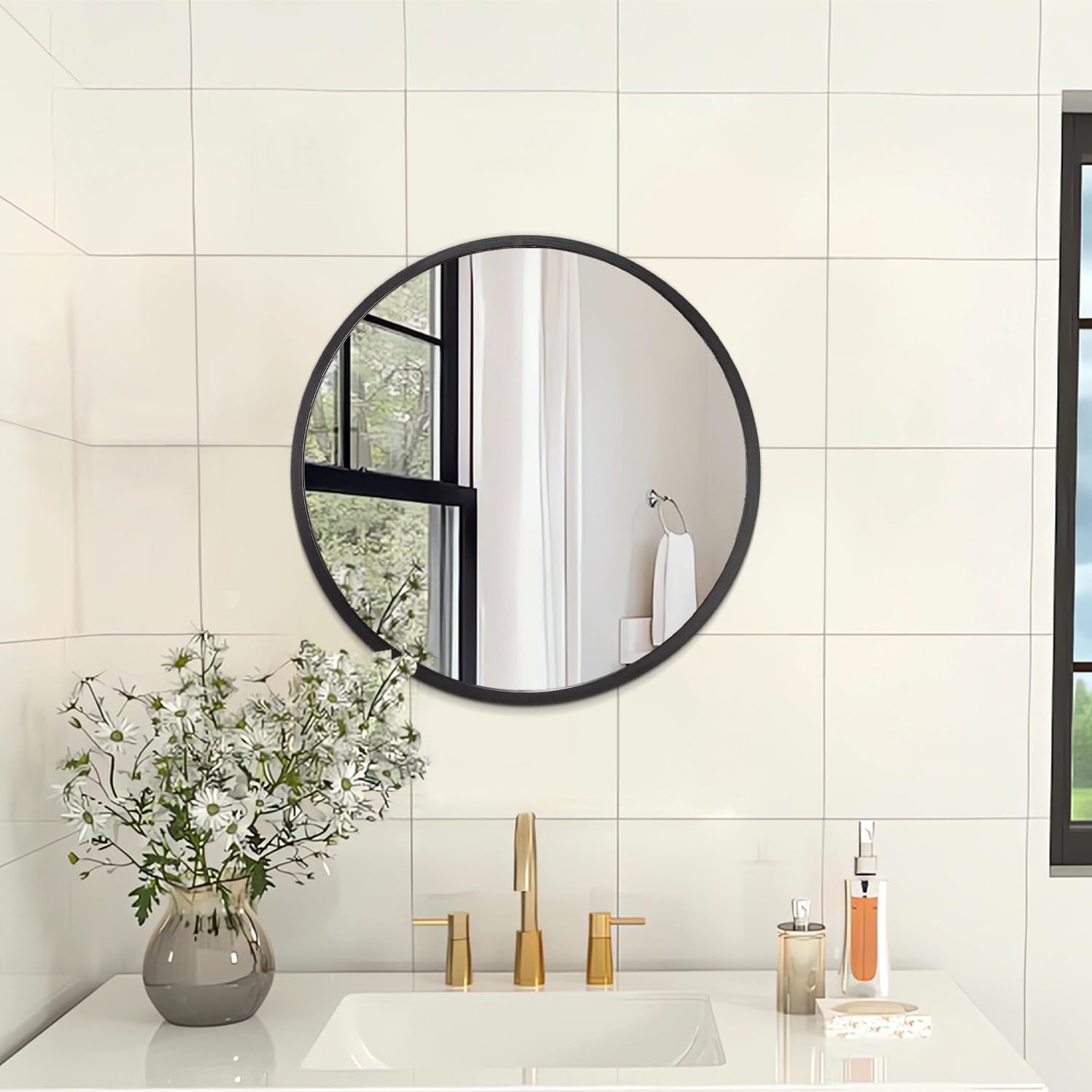 AOAOPQ Black Round Mirror for Wall Small for Bathroom Entryway Living Room Hallway Metal Framed Hanging Horizontal Tempered Glass for Bedroom Entry Dining Room