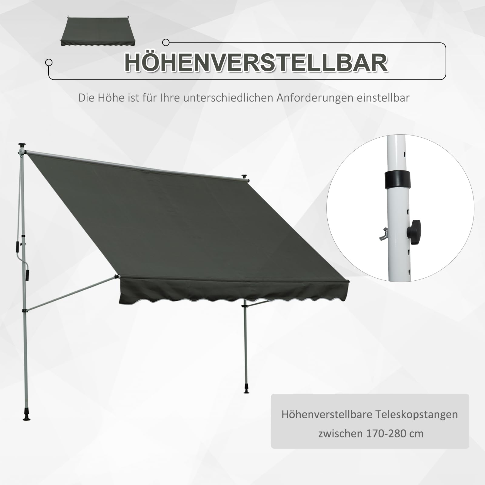 Outsunny Klemmmarkise mit Handkurbel höhenverstellbar Gelenkarmmarkise schmutzabweisend, witterungsbeständig Balkonmarkise 150cm breit Terrassenmarkise für Terrasse Balkon Veranda Grau