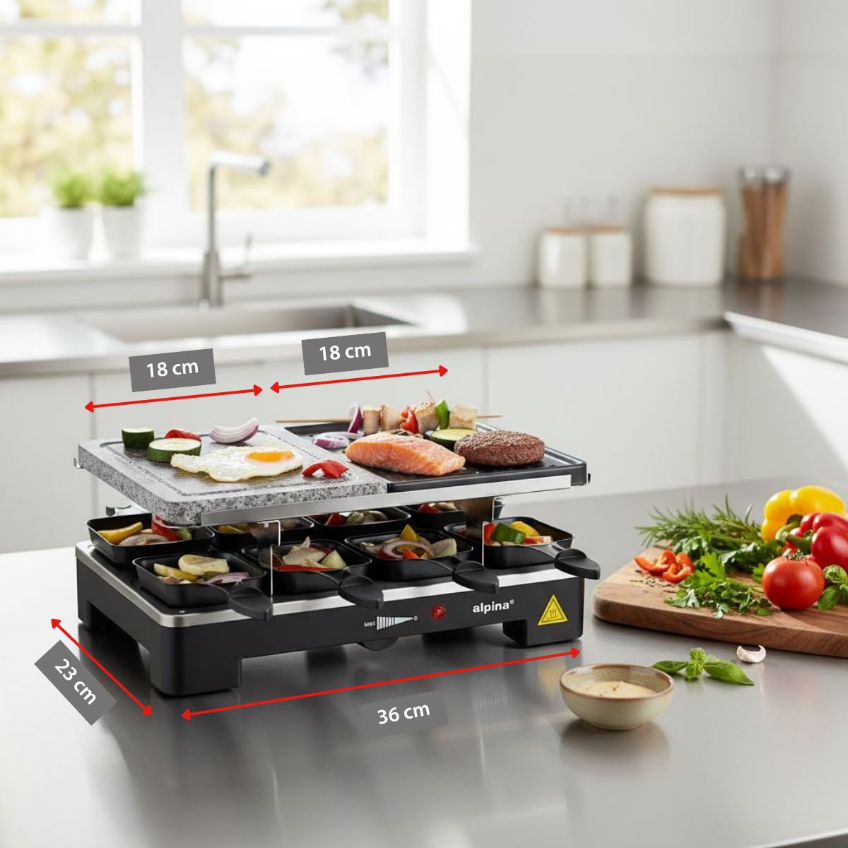 alpina Gril Pierre à Raclette - 8 Poêles - 8 Spatules - 1200-1400 Watt - Thermostat Gourmet Set Plaque de Cuisson