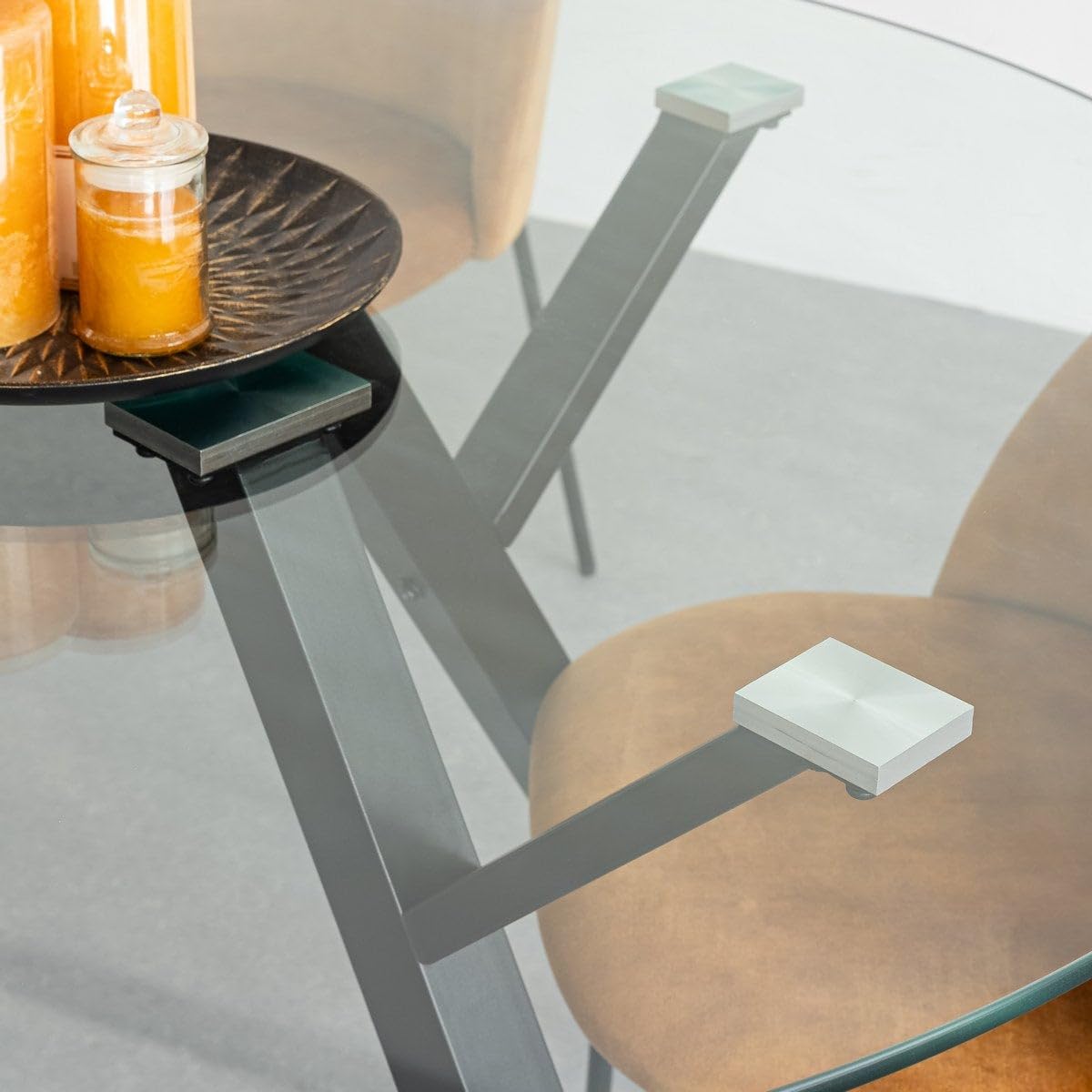 LOLAhome Mesa de Comedor Redonda Elsa para 6 Personas de 120 cm. Estructura Resistente de Metal Negro y Tablero de Cristal Templado. Diseño Ligero y contemporáneo.