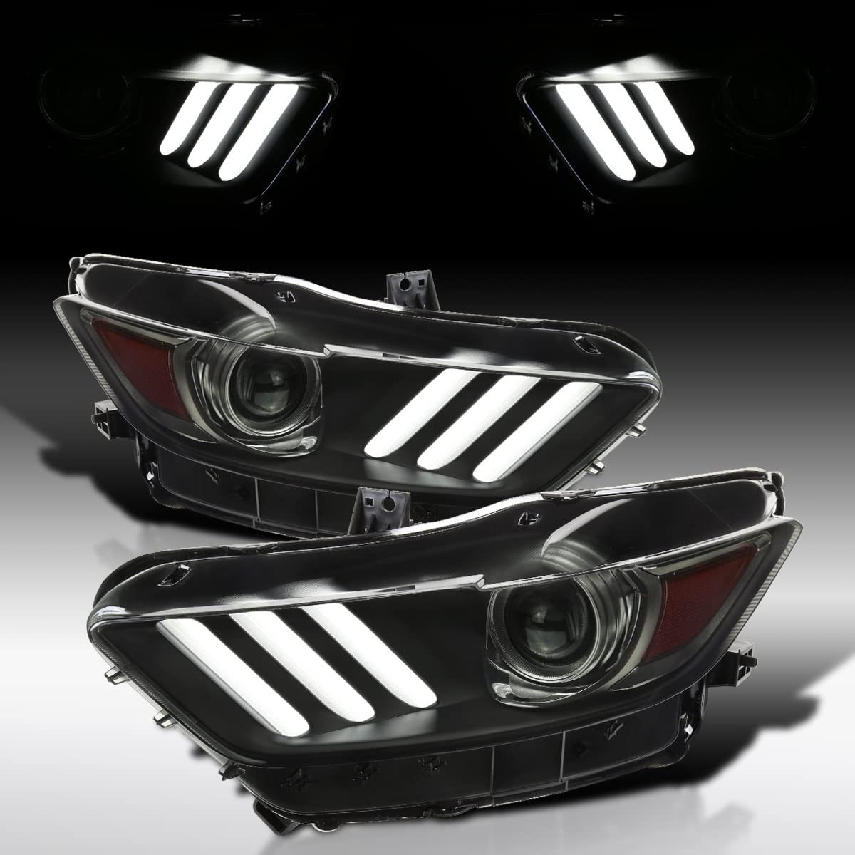 Autozensation Compatible with 2015-2017 Ford Mustang, Left + Right Pair Headlamps Assembly, Black Smoke OE Style Projector Headlights w/LED Bar