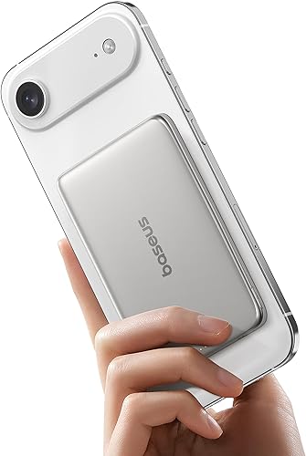 Miniatura 14 de Baseus PicoGo Batería externa portátil MagSafe ultradelgada, 0.3 pulgadas, 5000 mAh, magnética, tamaño tarjeta, cable trenzado USB-C, inalámbrica,
