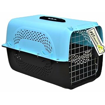 Pet Monastry? Pet Travel Carrier Dog Cat Rabbit Basket Plastic Handle Hinged Door Folding Collapsible Transport Box Crate Cage for Puppies & Cats - Blue (Size 19.5 x 13 x 12.5 Inch)