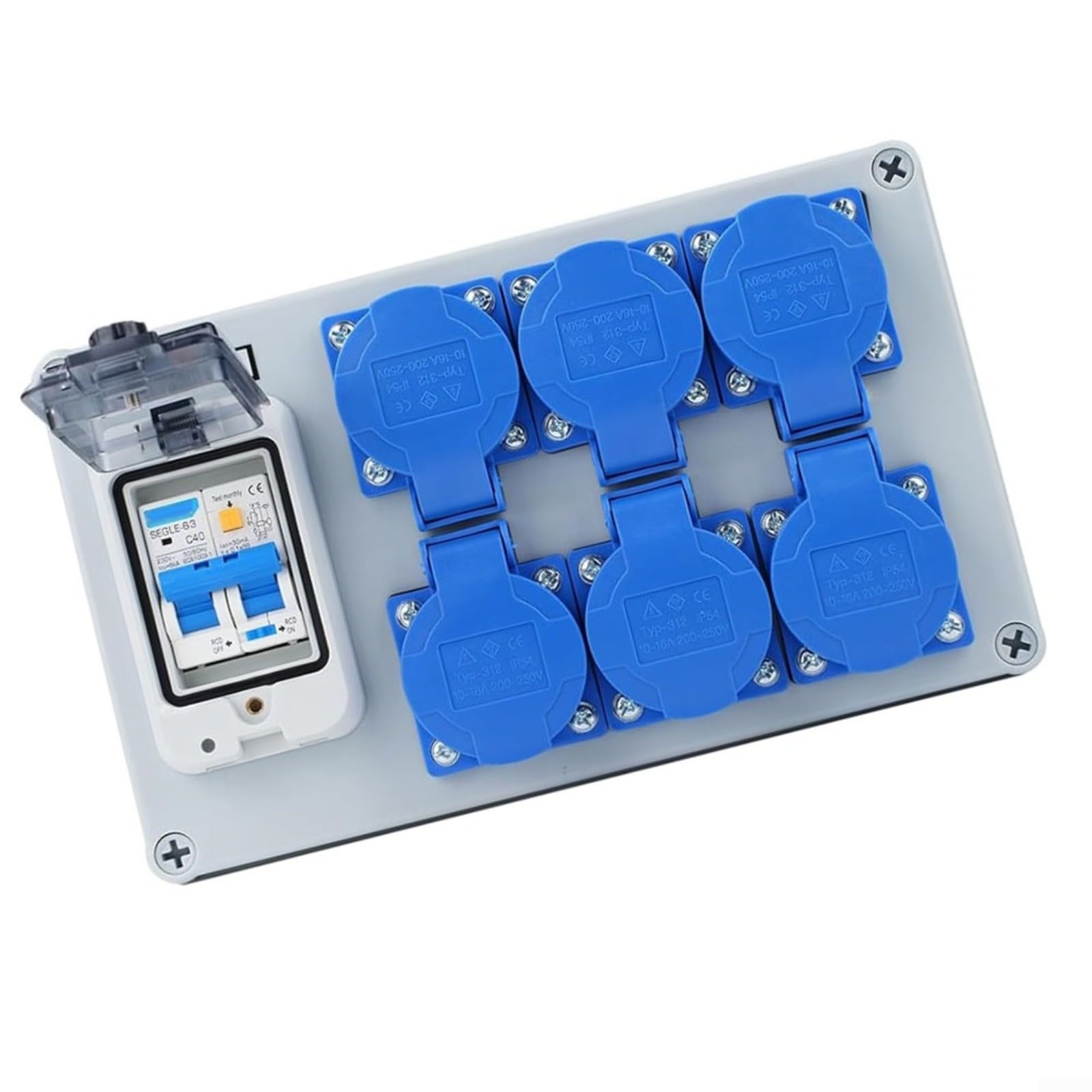 Distributore da parete IP54, a 6 scomparti, con interruttore FI 1P+N, 250 V/16 A, alloggiamento in ABS, impermeabile, antipolvere, per officina, garage, edilizia, esterni, grigio blu