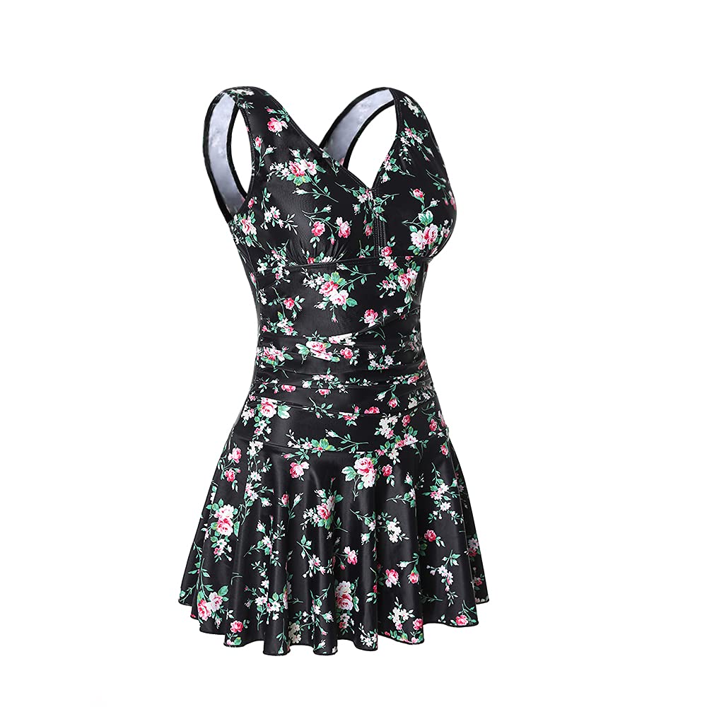 MiYangWomen's Plus-Size Flower Printing Shaping Body One Piece Swim Dresses Swimsuit Floral Black 2X-Large