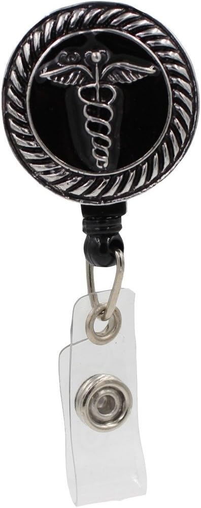 Caduceus Medical Symbol Retractable Badge Holder ID Card Holder Reel with Swivel-Back Alligator Clip Black