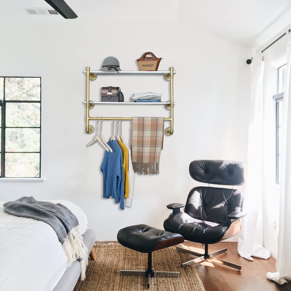 Clothes Rack with Shelf, 36in Industrial Pipe Wall Mounted Garment Rack, Space-Saving Display Hanging Pipe Clothes Rack, Heavy Duty Detachable Multi-Purpose Hanging Rod for Closet Storage( Gold1-Layer)