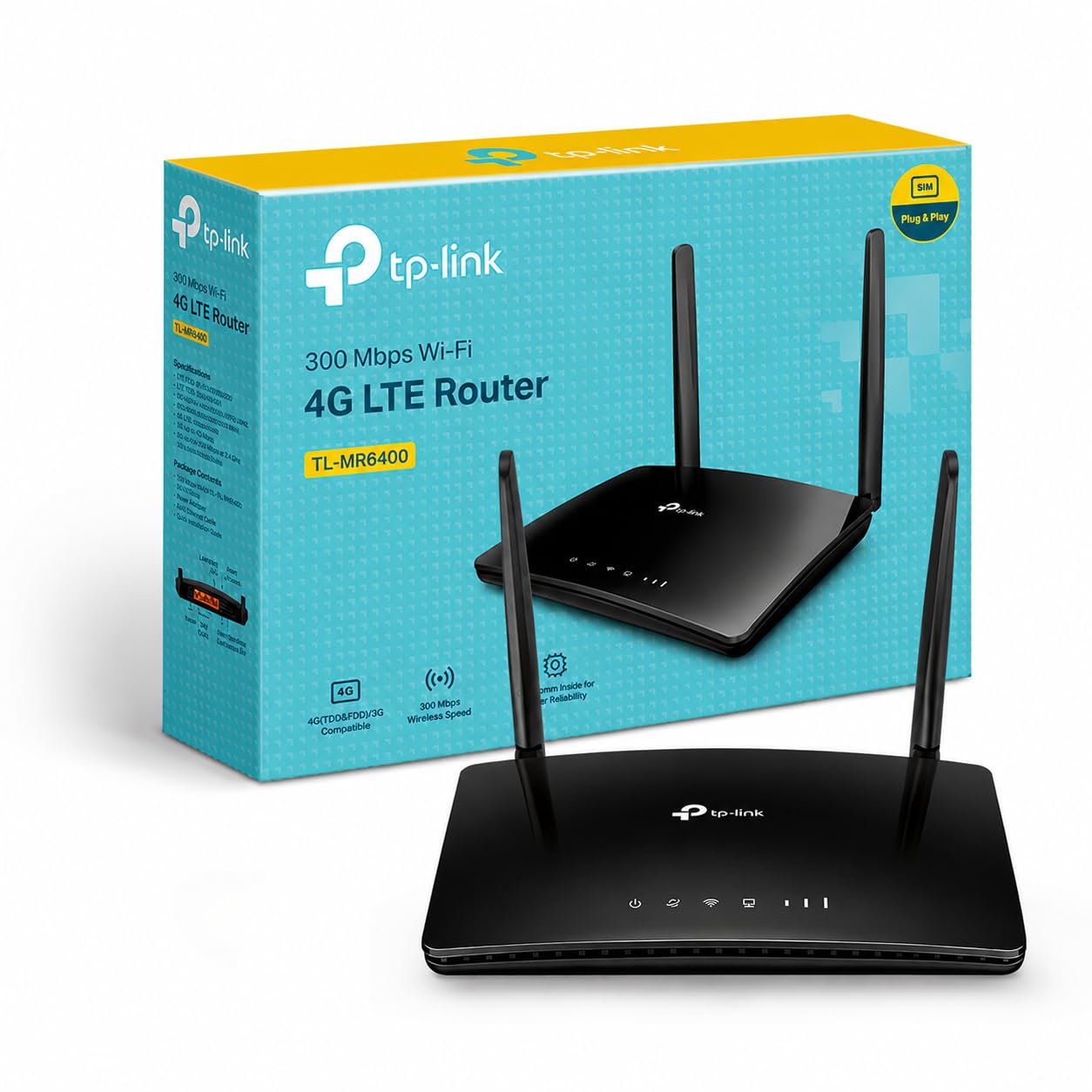TP-​Link TL-​MR6400 Routeur 4G LTE WiFi 300 Mbps, Carte SIM Micro, 2 Antennes LTE Amovibles, Jusqu'à 32 Appareils, Ports LAN/​WAN, Plug & Play, Compatible Tous Opérateurs