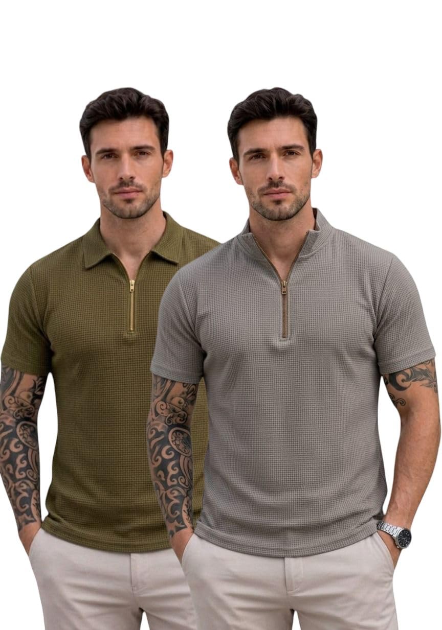 Men's Waffle Knit Zipper Polo T-Shirt (Pack of 2) | Textured Half Sleeve Casual Polo Combo-picture-37