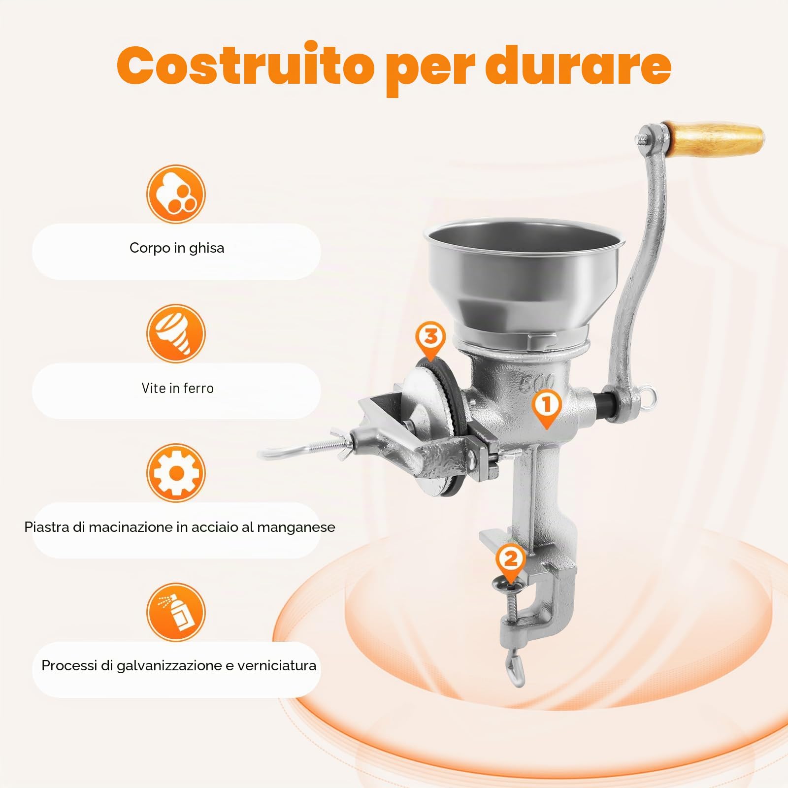 Macinino manuale per cereali con morsetto da tavolo, macinacaffè regolabile per noci e spezie, capacità 1,1 kg e antiruggine, in ghisa con manico a 360°, per erbe, cereali, caffè, pepe