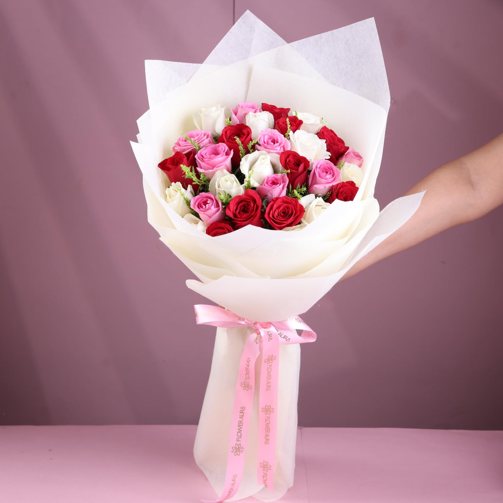 FlowerAura Premium Fresh Live Flower Bouquet of 8 Red, 8 Pink & 8 White Roses For Birthday Gift, Anniversary Gift, Wedding Gift, Rose Day Gift, Valentine's Day Gift, New Year Gift (Same Day Delivery)-image-32