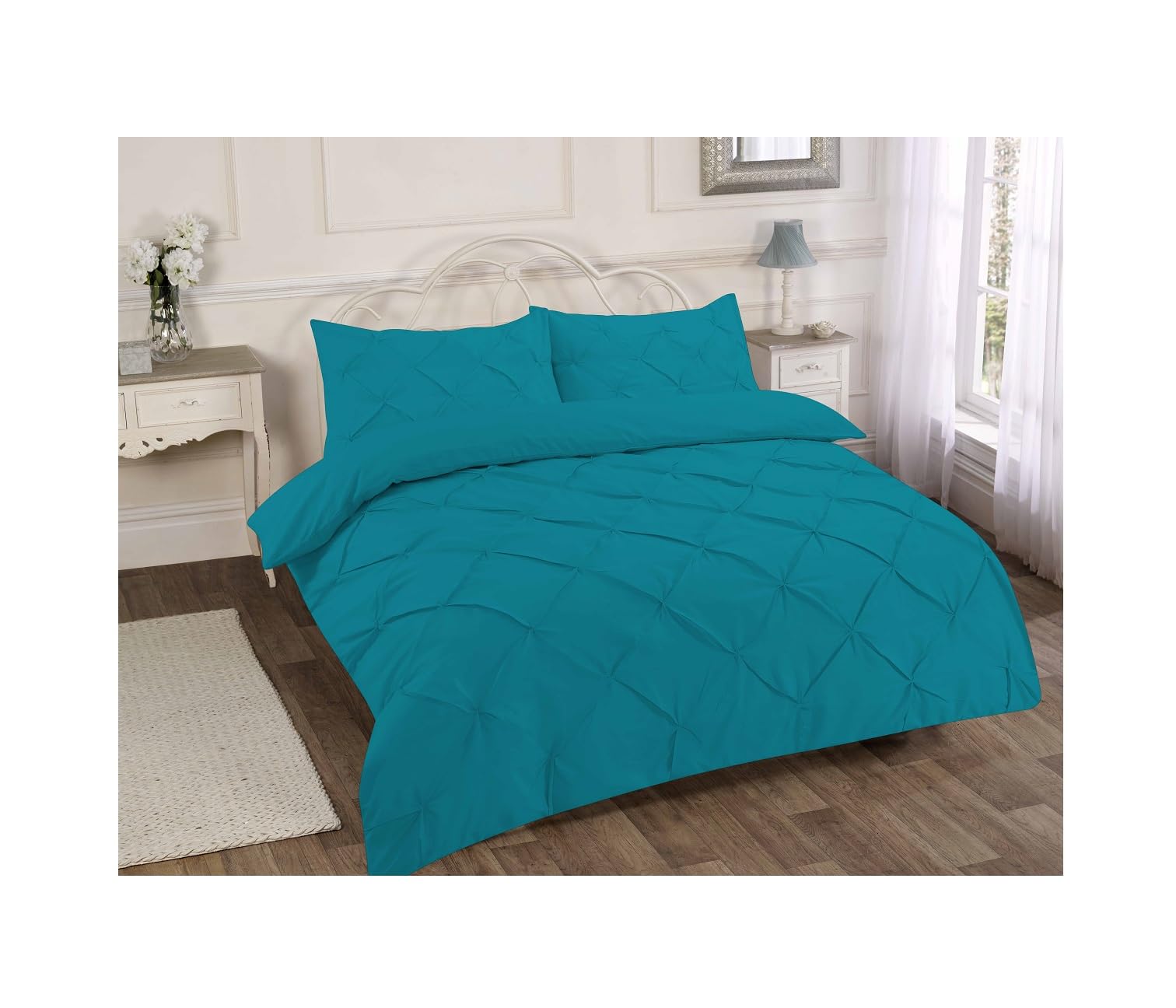 Premium Pintuck Pleat Bedding Cover Set Hotel Quality Bed Set with Pillowcase Brushed Fabric Comforter Pleat Pintuck Creased Duvet Set (Double, Teal)