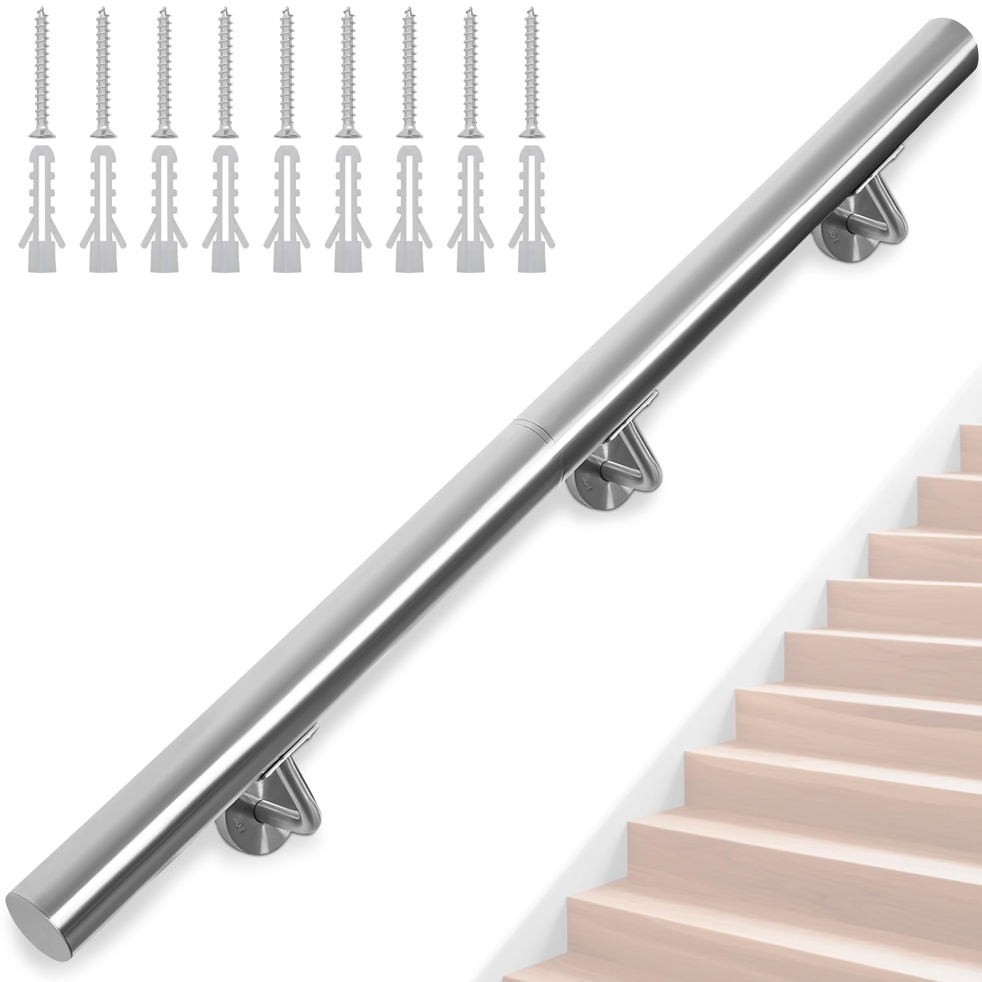 FREEAMG 150CM Handrail for Stairs, Stainless Steel Handrail with Brackets, Banister Rail Support Kit for Outdoor/Indoor Stairs, Loft, Porch, Garage & Deck Hand Rail (Silver)