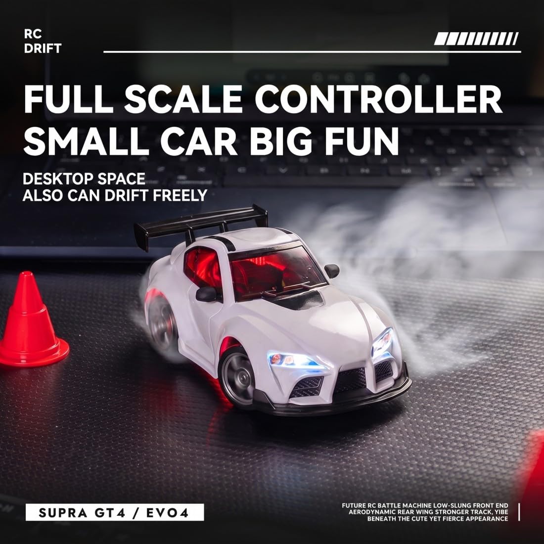NULA Mini auto RC Drift per scrivania, corse indoor e pavimenti, 1:43, 4WD con controllo proporzionale del gas da 2,4 GHz, luce LED per adulti hobbisti (rosso/CZ4106)