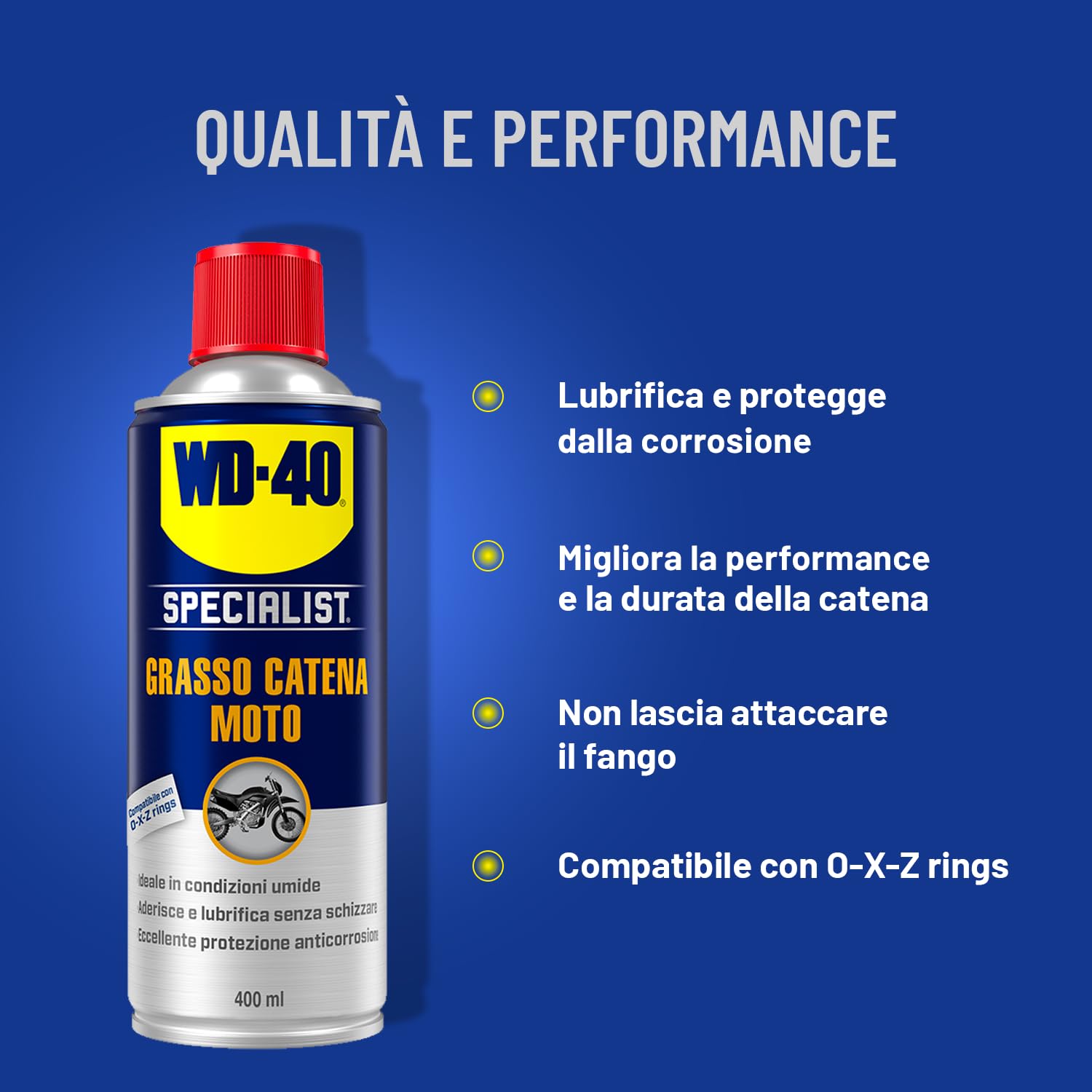 WD-40 - Specialist - Grasso Catena Moto - Per Condizioni Umide - Lubrifica, Previene la ruggine a lungo termine, Riduce l'usura della catena della moto - Compatible con O, X, Z Rings - Spray 400ml