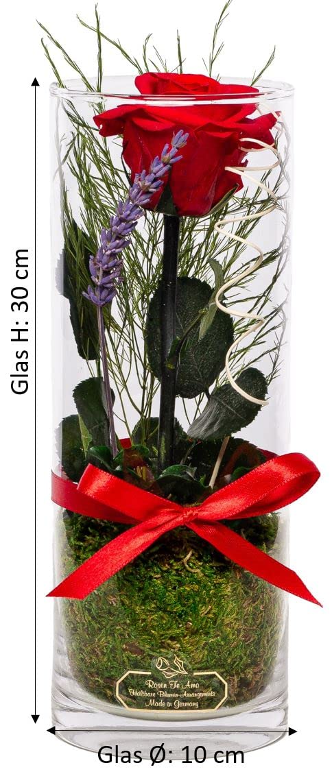 Rosen-Te-Amo | regalo festa della Mamma | rosa stabilizzata vera profumata con stelo in vaso per fiori in vetro | scatola dal design raffinato || Composizioni artigianali rosa eterna| regalo donna