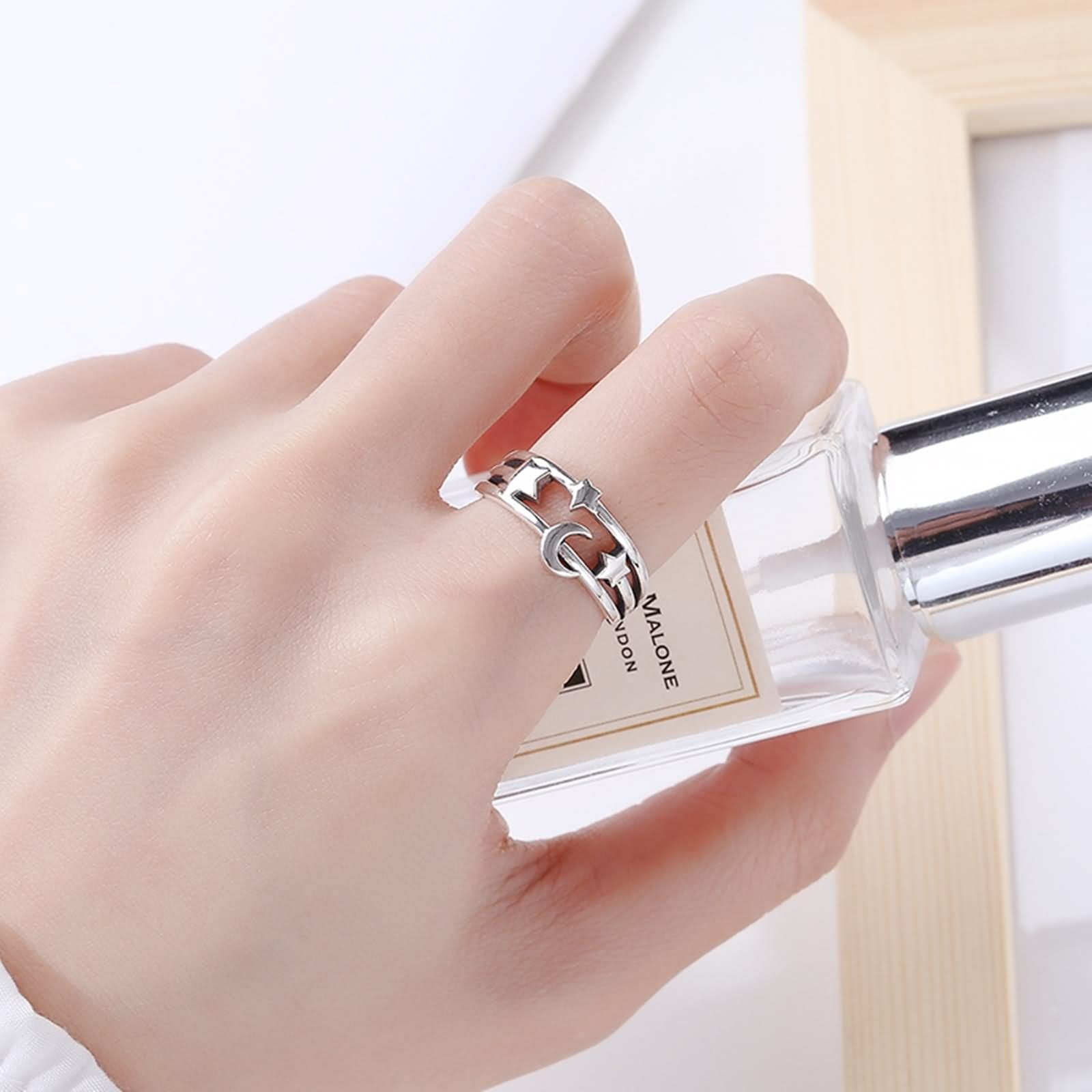 Anillos Mujer Plata de Ley, Anillos a Juego para Parejas Plata de Ley Forma de Estrella Luna Alianzas de Boda de Estilo romántico Tamaño Ajustable