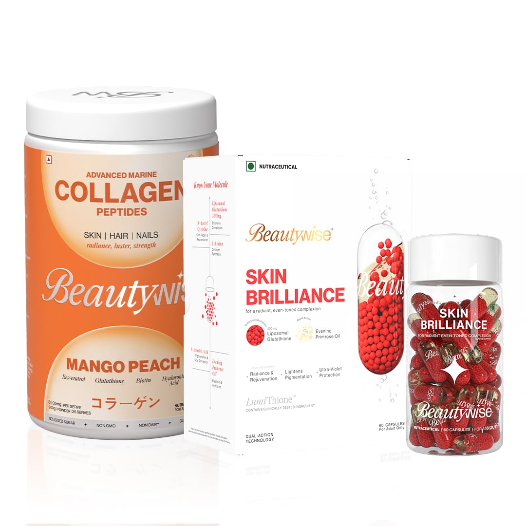 Beautywise Advanced Marine Collagen Proteins Powder With Hyaluronic Acid, Biotin - 250 Grams I Glutathione with NAC - 500mg - 60 Capsules I Combo I (Collagen mango + Glutathione)