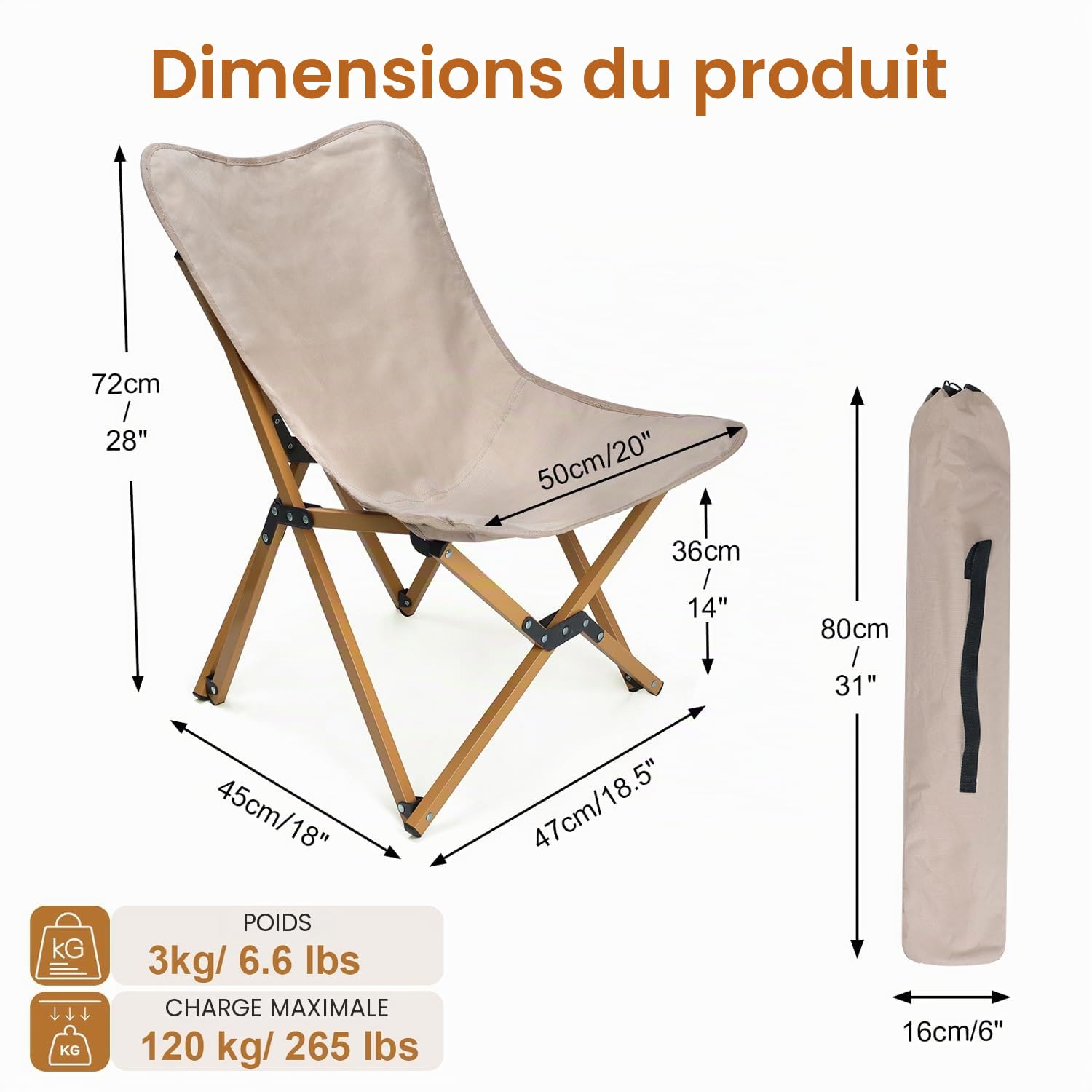 Chaise Pliante Camping avec Sac de Transport, Chaise de Camping Confortable pour Adultes, Siège Pliable Portable Léger pour Plage Pêche Jardin Pique Nique, Beige&Marron