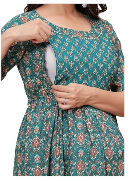 Anuom Women’s Cotton Floral Printed Maternity Feeding Kurti with Zipper Maternity Gown for Women