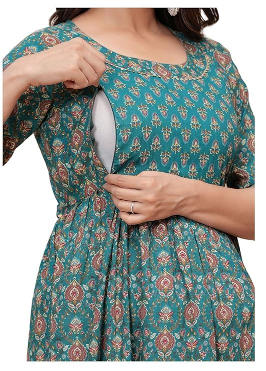 AnuomWomen's Cotton Floral Printed Maternity Feeding Kurti with Zipper Maternity Gown for Women