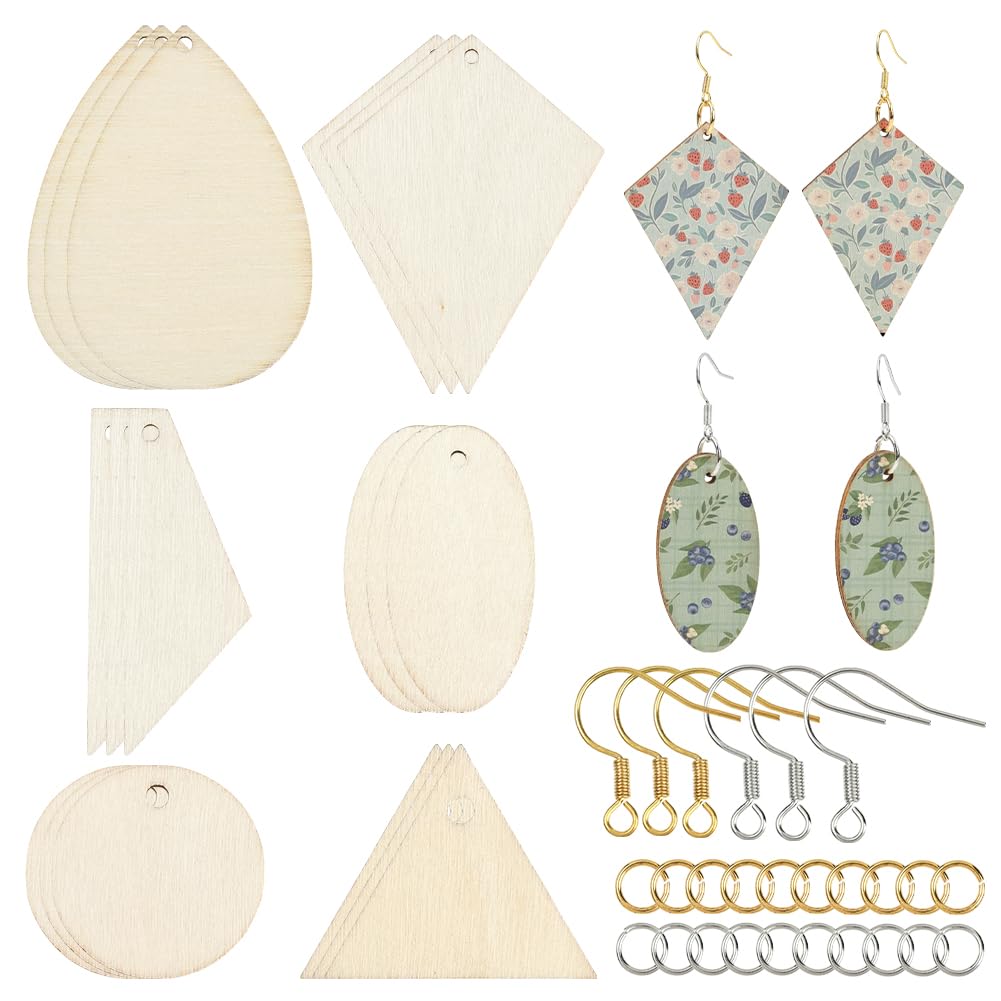 SOFPLATE 1 Box 272Pcs 6 Shapes Unfinished Wood Earrings Blanks Wooden Earring Making Kit with 100Pcs Hooks and 100Pcs Rings Teardrop Triangle Heart Wooden Pendants for DIY Craft Jewellery Making Women
