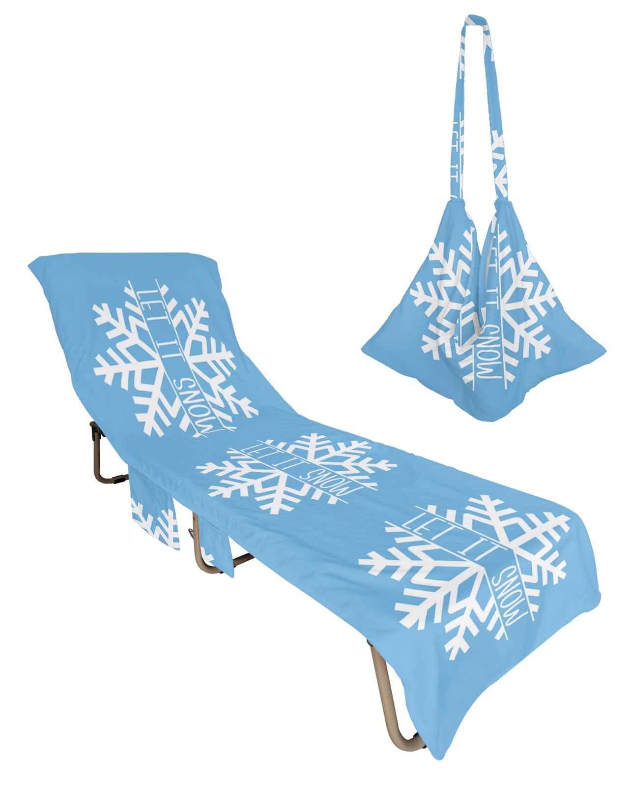 Blue Snowflake Christmas Beach Lounge Chair Towel Cover, Soft Chaise Lounge Towel with Side Pockets Patio Pool Chairs Cover for Beach/Pool Sunbathing 29x85 Hello Winter Snowflake