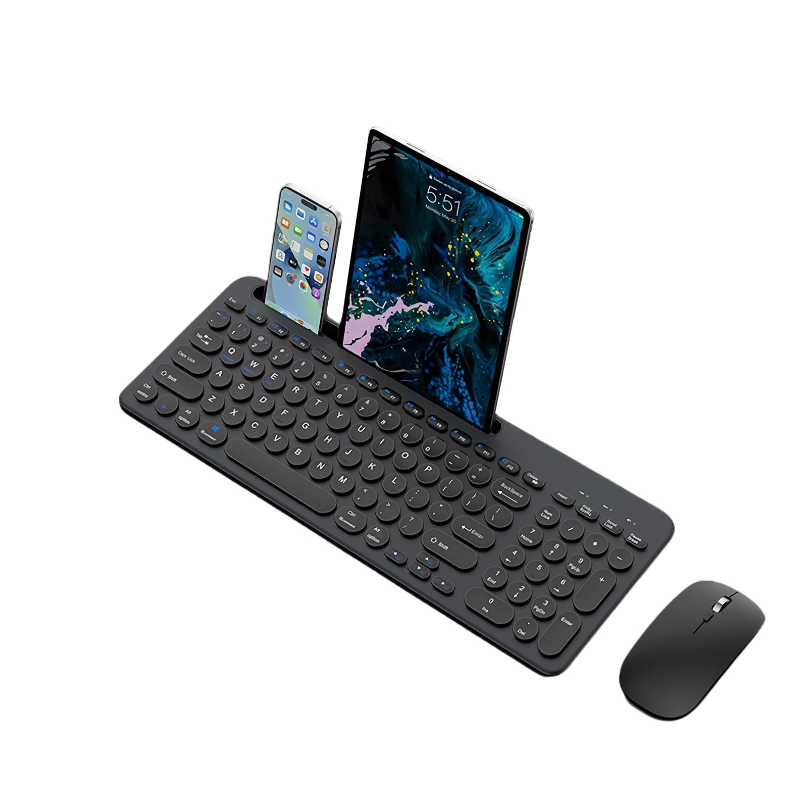 Wireless Keyboard and Mouse Combo with Phone Tablet Holder, Rechargeable Dual-Mode (Bluetooth 5.0 and 3.0 +2.4G) Multi-Device Silent Mouse for Windows, iPad, Tablet, MacOS,iOS,Android(Black)-picture-39