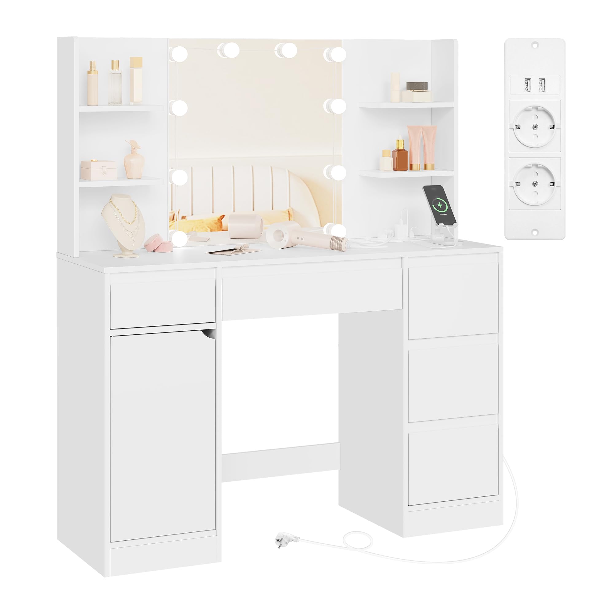 WOLTU Toeletta Trucco con Luci LED Regolabili, Tavolo da Trucco Moderno Bianco con Sgabello, Specchio Illuminato, 5 Cassetti e Ripiani, Postazione Make-Up per Camera da Letto