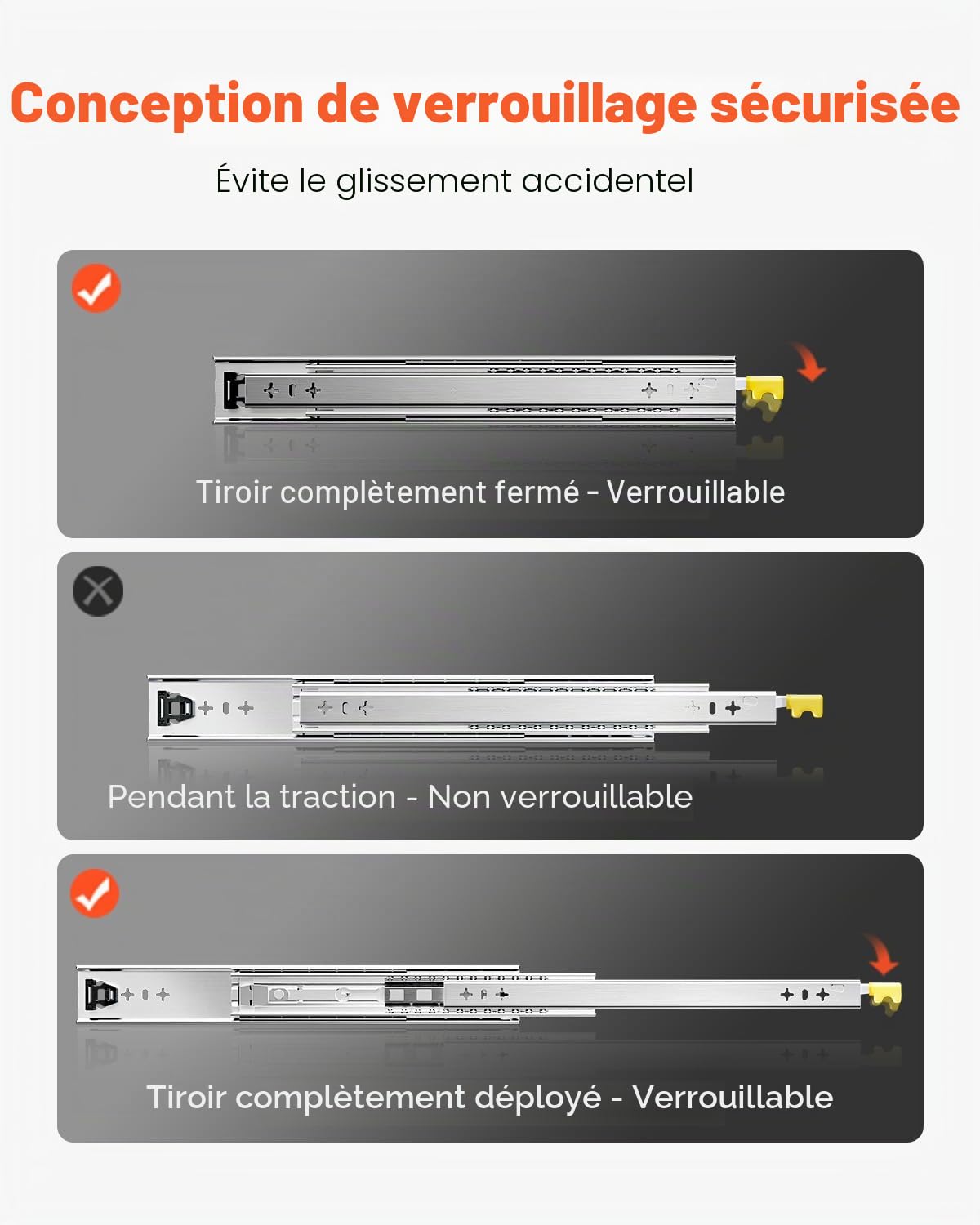 VEVOR Glissière de tiroir à extension complète 750 mm, 113,4 kg, coulisse verrouillable, roulement à billes