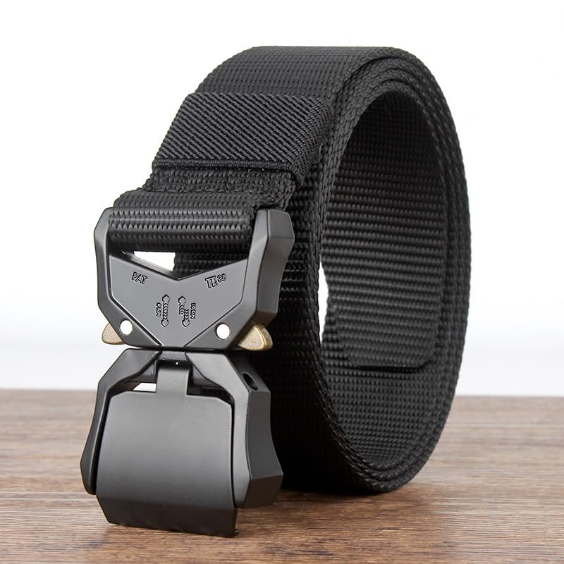 Belts for Men with Heavy-Duty Quick Release Buckle, Men's Military Stretch Nylon Web Belt for Hiking Work-Black