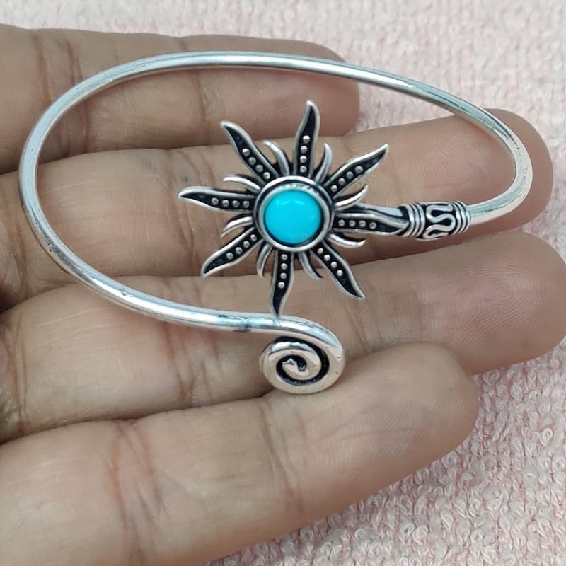 Silver Sunburst Arm Cuff, Larimar Stone Boho Upper Arm Bracelet, Spiral Arm Cuff, Gemstone Armlet, Sun Bohemian Jewelry Gift