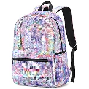 LEDAOU Mesh Backpack for Kids Girls Semi-Transparent Mesh School Backpack Bookbag Lightweight Casual Daypacks for Beach Gym Travel (Tie Dye Purple)