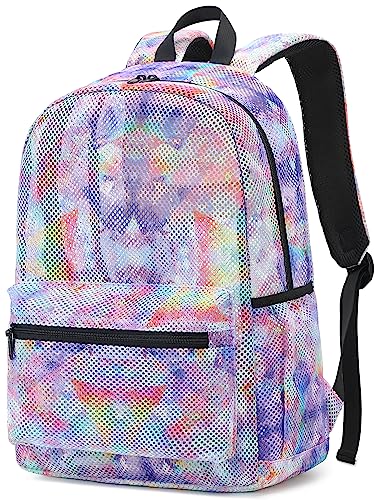 LEDAOU Mesh Backpack for Kids Girls Semi-Transparent Mesh School Backpack Bookbag Lightweight Casual Daypacks for Beach Gym Travel (Tie Dye Purple)