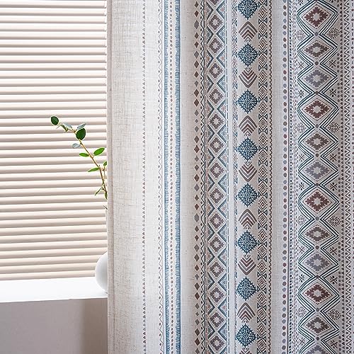 Image of MYSKY HOME Curtains 84 inches Long for Living Room Boho Linen Sheer Drapes Geometric Farmhouse Decor Light Filtering Privacy Protect Soft Touch Treatment Back Tab for Home, 50 inch Wide, Khaki, 2 Panels