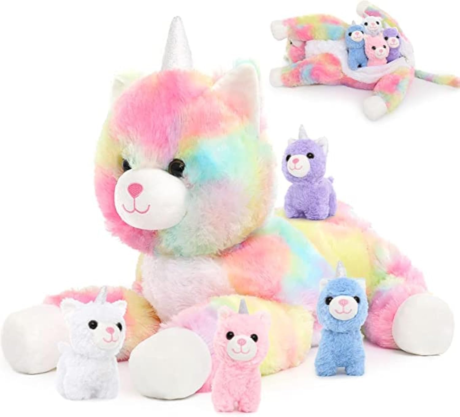 MorisMos Big Unicorn Cat Teddy Stuffed Animal, 60cm Mom Cat with 3 Cuddly Kittens Inside Large Cat Soft Plush Toy Realistic Fluffy Cat Present for Kids Girlfriend Birthday Deco