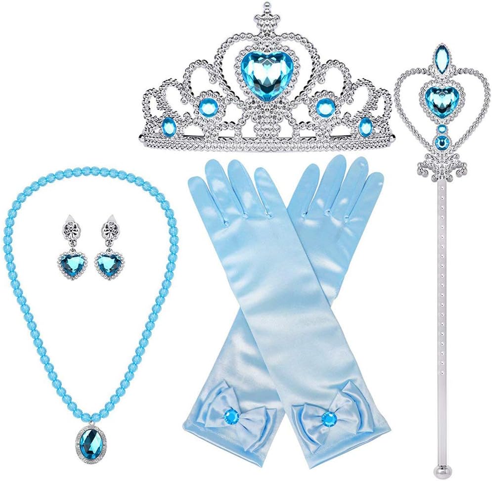 Sportsvoutdoors Princess Dress Up Party Accessories, Princess Crowns Wands Necklace Gloves Earring for Toddler Little Girls Cosplay Costume Tiaras Set Pack of 5