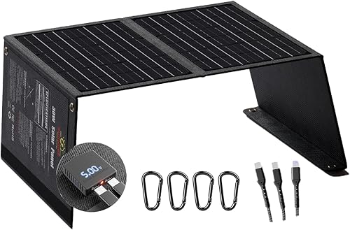 Panel solar portátil SUNNOBE con cable 3 en 1, cargador de panel solar plegable de 30 W con amperímetro digital para campamento y senderismo,